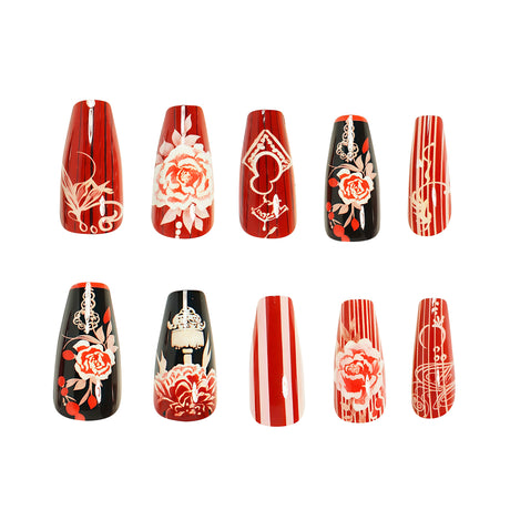 24pcs/Set Red Rose Flower Press-On Nails