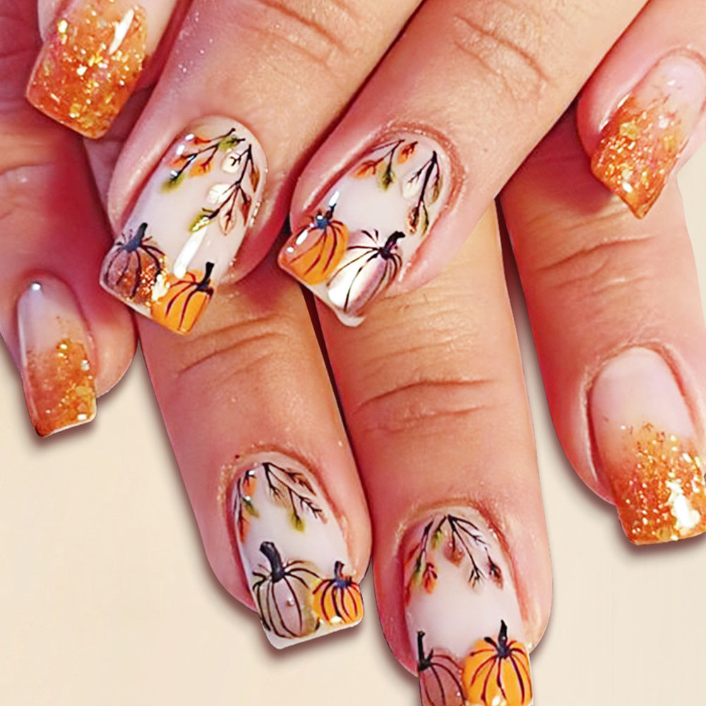 24pcs/Set Short Autumn-Winter French with Pumpkin Leaves Press On Nails