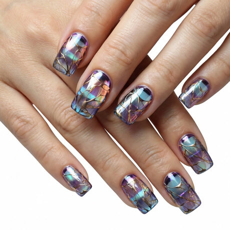 24pcs/Set Blue Gradient with Gold Stripes Short Press-On Nails