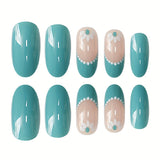 24pcs/Set Flower Green French Press-On Nails