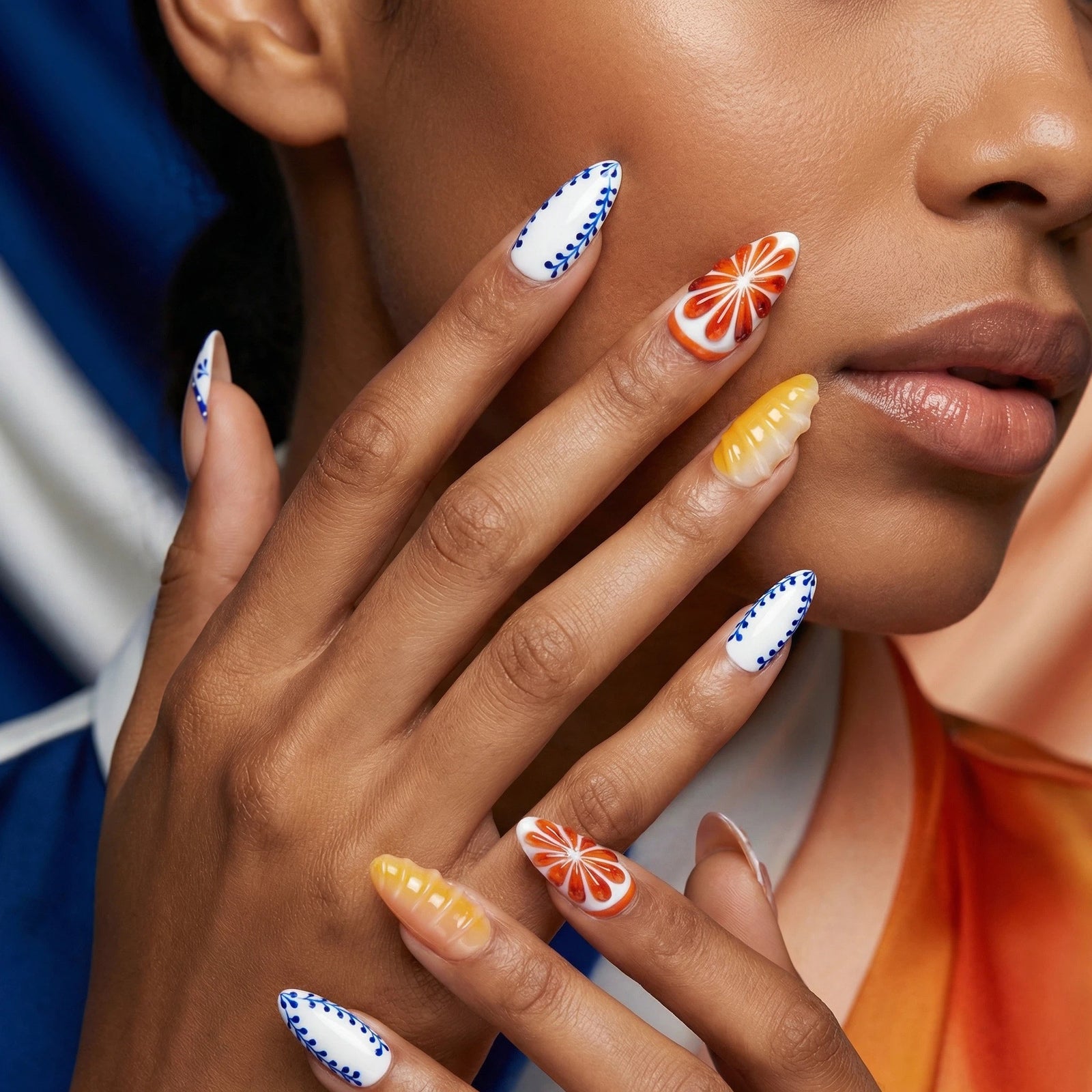 (Handmade) 10pcs/Set Citrus Orange Pink Blue Tile 3D Press-On Nails