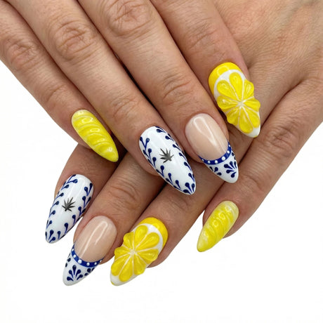(Handmade) 10pcs/Set Lemon Yellow Blue Tile Citrus 3D Press-On Nails