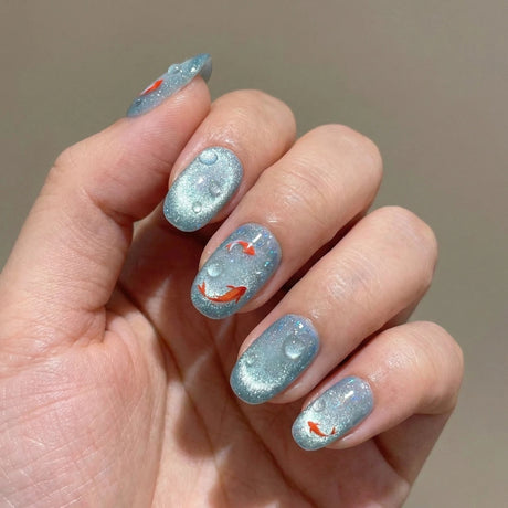 (Handmade) 10pcs/Set Blue Ccean Goldfish Press on Nails