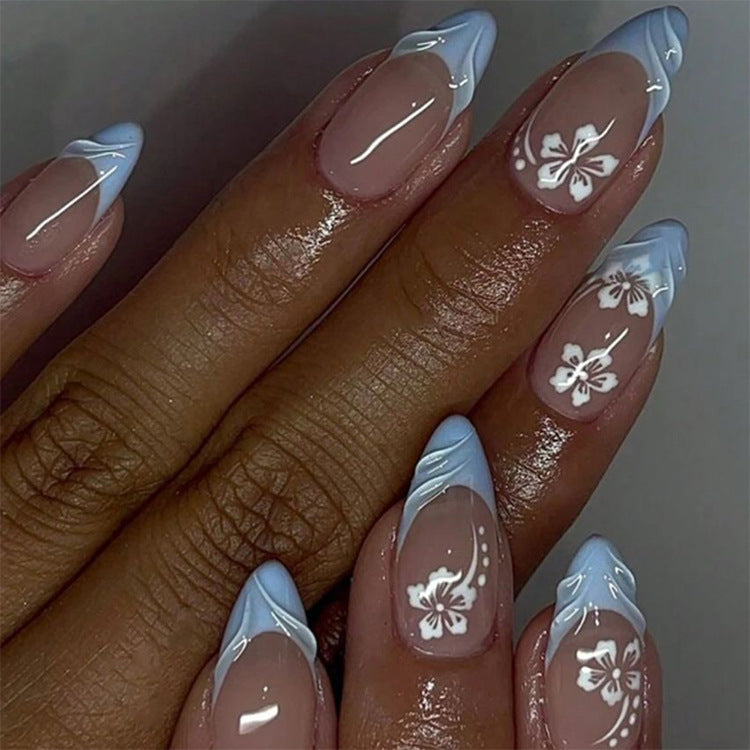 24pcs/Set Blue-Edged White Floral French Press-On Nails