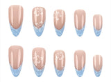 24pcs/Set Blue-Edged White Floral French Press-On Nails