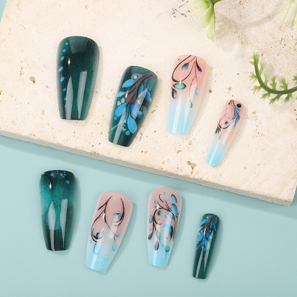 24pcs/Set Peacock Blue Floral Vine Press-On Nails