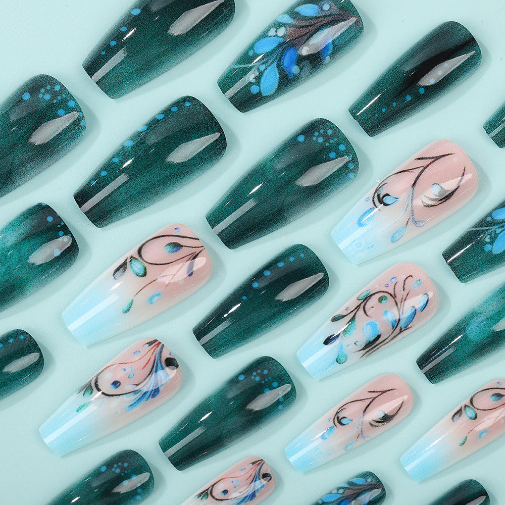 24pcs/Set Peacock Blue Floral Vine Press-On Nails