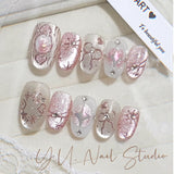 30pcs/Set Sakura Pink Aurora Cat Eye Heart Butterfly Press-On Nails