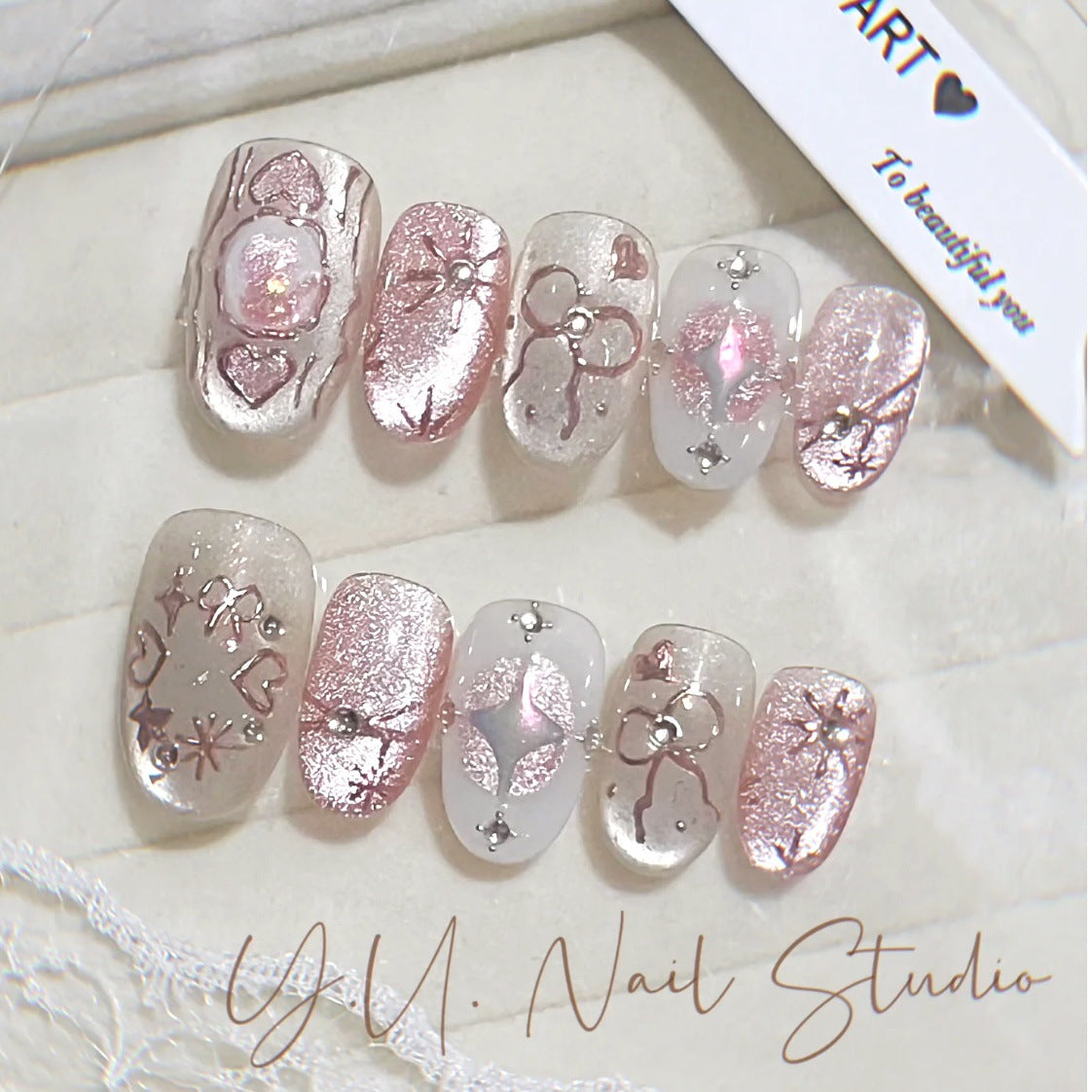 30pcs/Set Sakura Pink Aurora Cat Eye Heart Butterfly Press-On Nails
