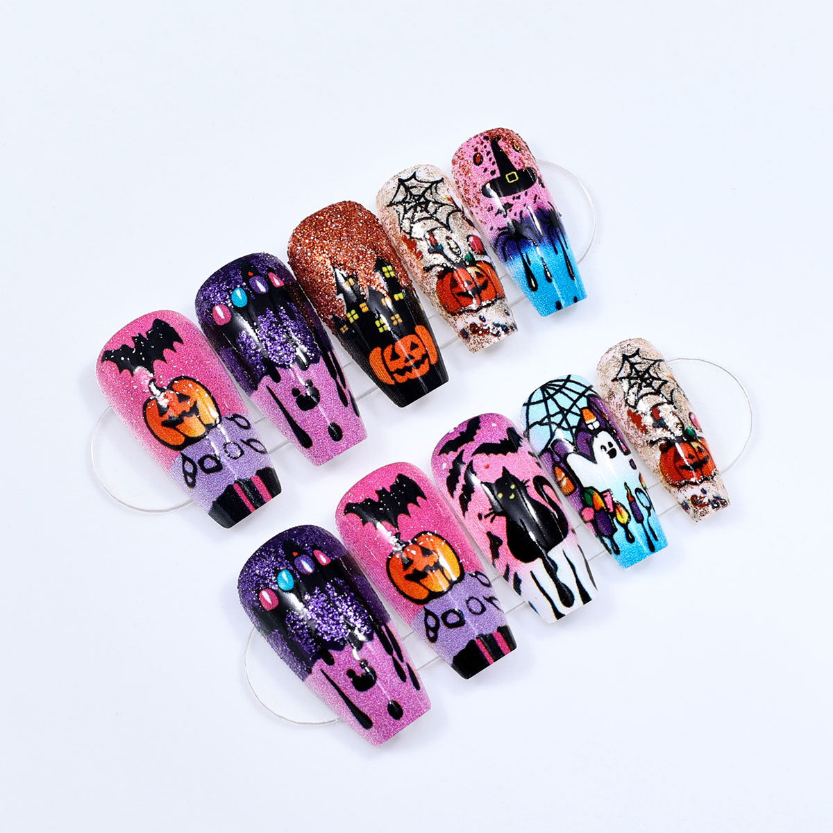 24pcs/Set Gold Glitter Pumpkin Kitten Bat Halloween Press-On Nails