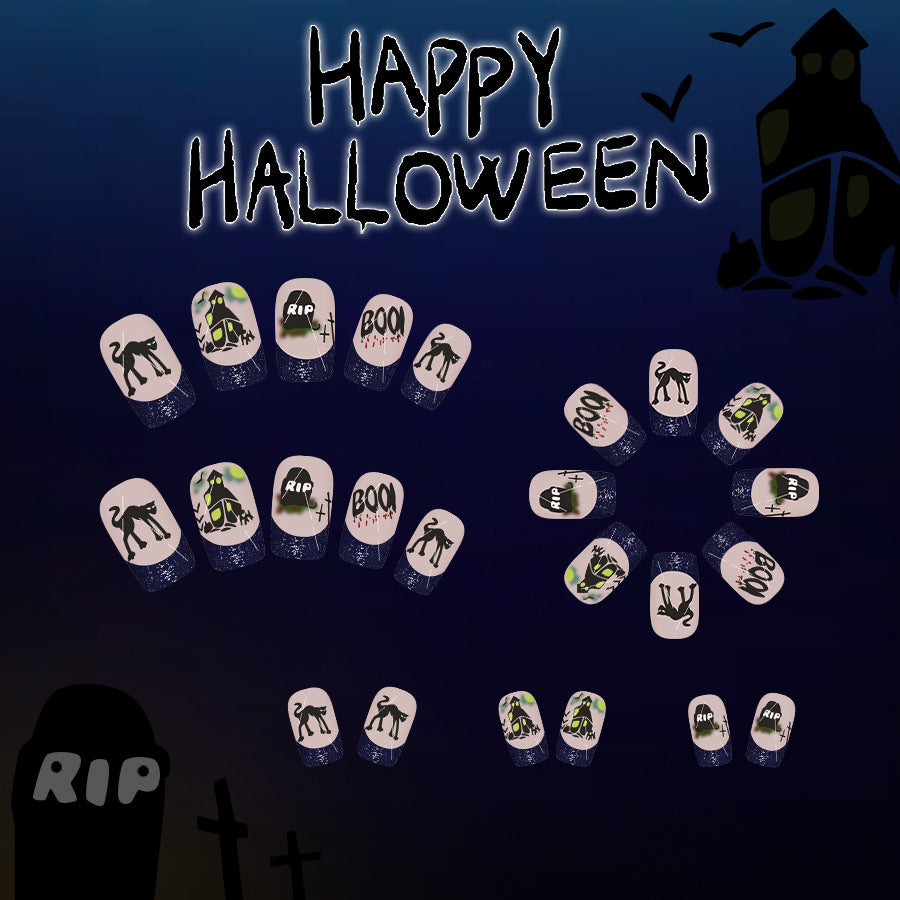 24pcs/Set Halloween French Glitter Cat Castle Grave Press-On Nails