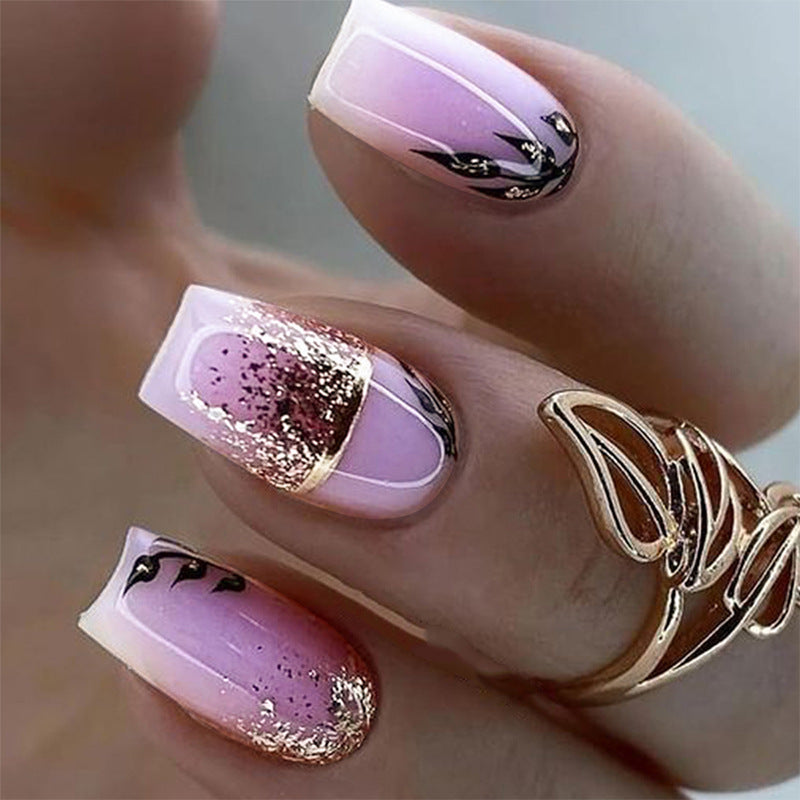 24pcs/Set Gold Foil Leaves Press-On Nails