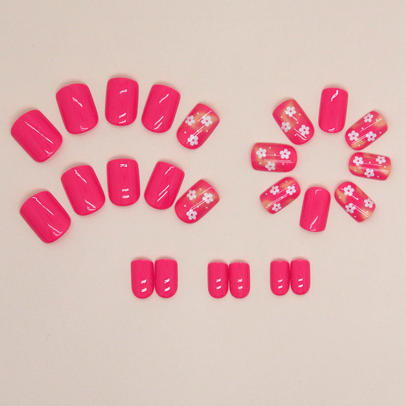 24pcs/Set White Flowers Red Press-On Nails