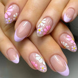 24pcs/Set Light Purple French Flowers Press-On Nails