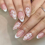 24pcs/Set Glossy Almond French White Floral Press-On Nails