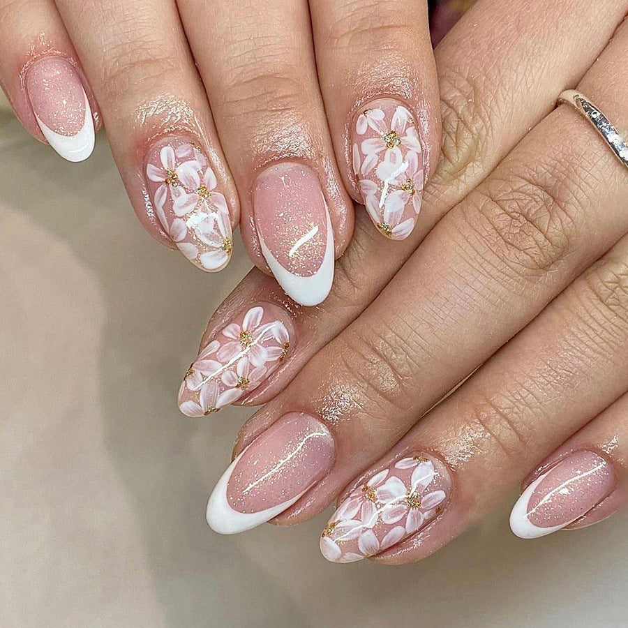 24pcs/Set Glossy Almond French White Floral Press-On Nails