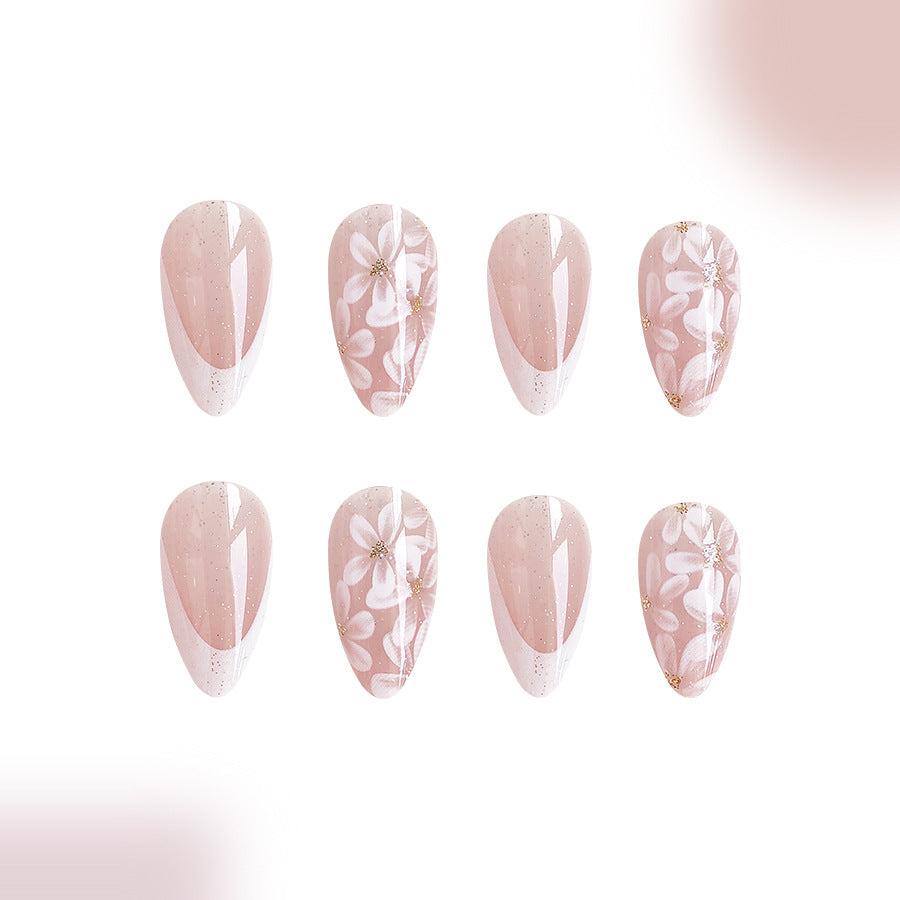 24pcs/Set Glossy Almond French White Floral Press-On Nails