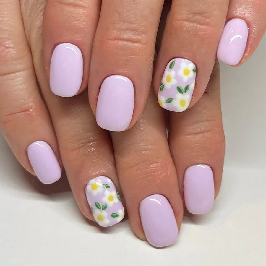 24pcs/Set Purple White Flowers Leaves Press-On Nails