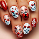 24pcs/Set Red Floral with Ladybugs Press-On Nails
