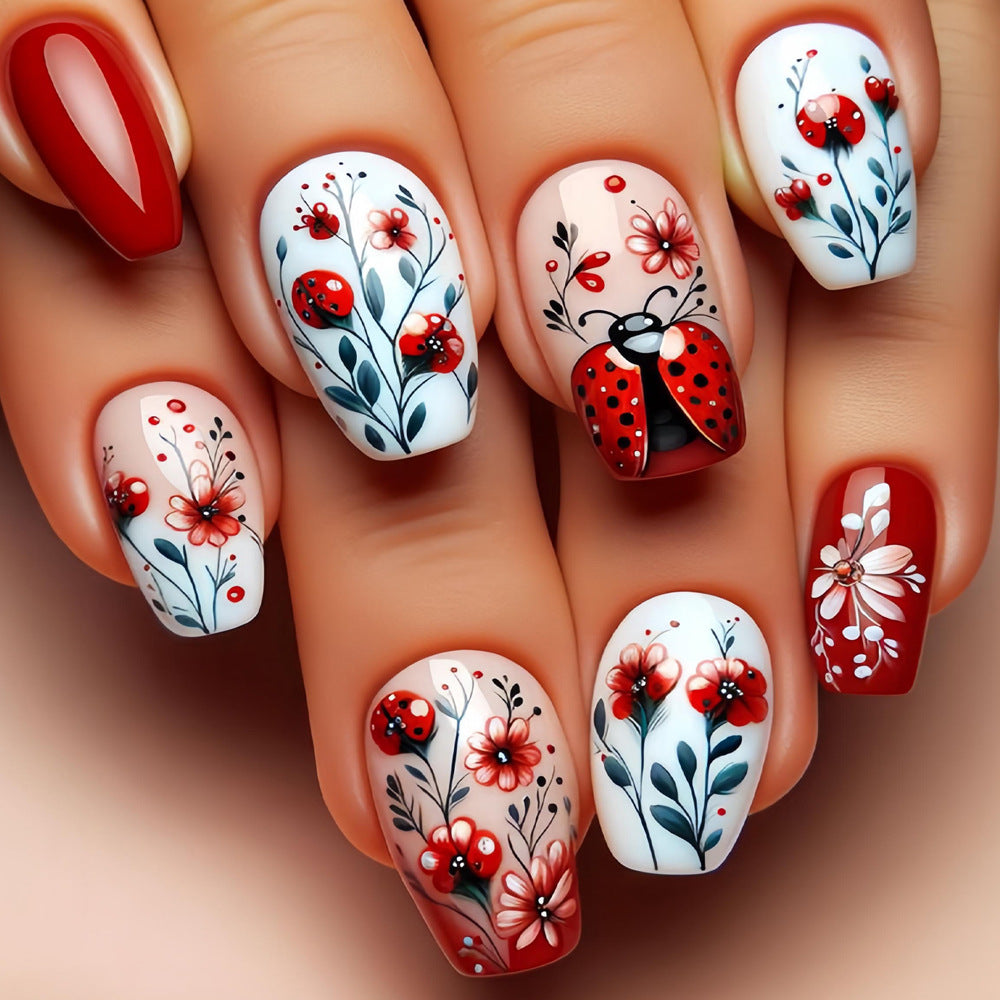 24pcs/Set Red Floral with Ladybugs Press-On Nails