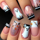 24pcs/Set Halloween Ghost Forest French Nails Press-On Nails