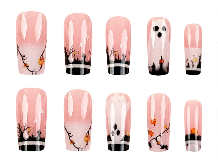 24pcs/Set Halloween Ghost Forest French Nails Press-On Nails