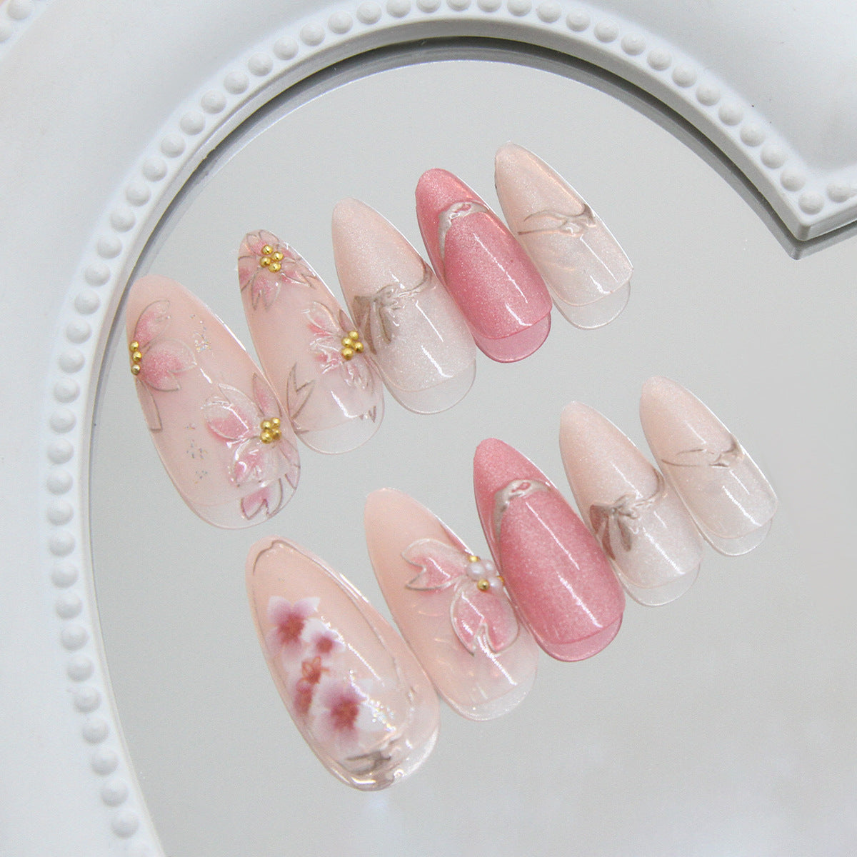 24pcs/Set 3D Cat Eye Gilded Flower Press-On Nails