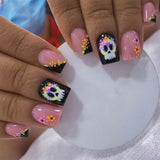 24pcs/Set Halloween Cute Skull Flowers Press-On Nails