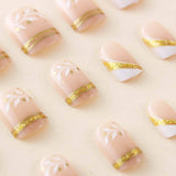 24pcs/Set White Vines Gold Lines French Press-On Nails