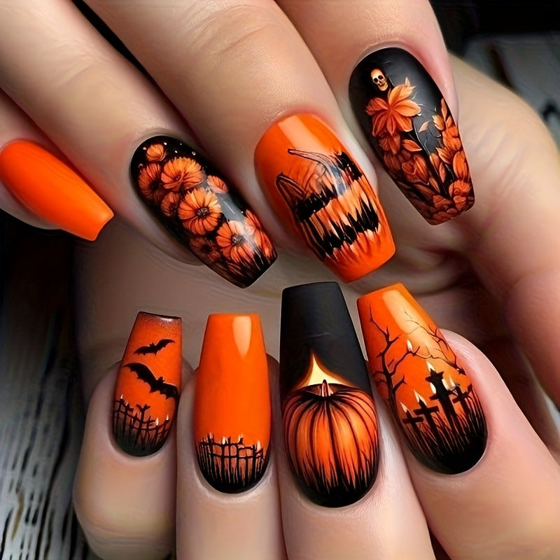 24pcs/Set Witch Bat Pumpkin Lantern Halloween Press-On Nails