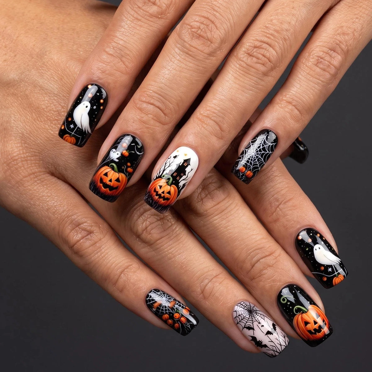 24pcs/Set Halloween Jack-o'-Lantern Ghost Spiderweb Press-On Nails