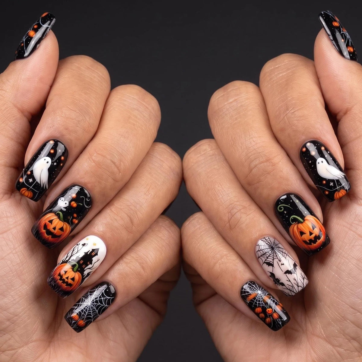 24pcs/Set Halloween Jack-o'-Lantern Ghost Spiderweb Press-On Nails