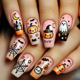 24pcs/Set Halloween Pink Pumpkin Ghost Cobweb Press-On Nails