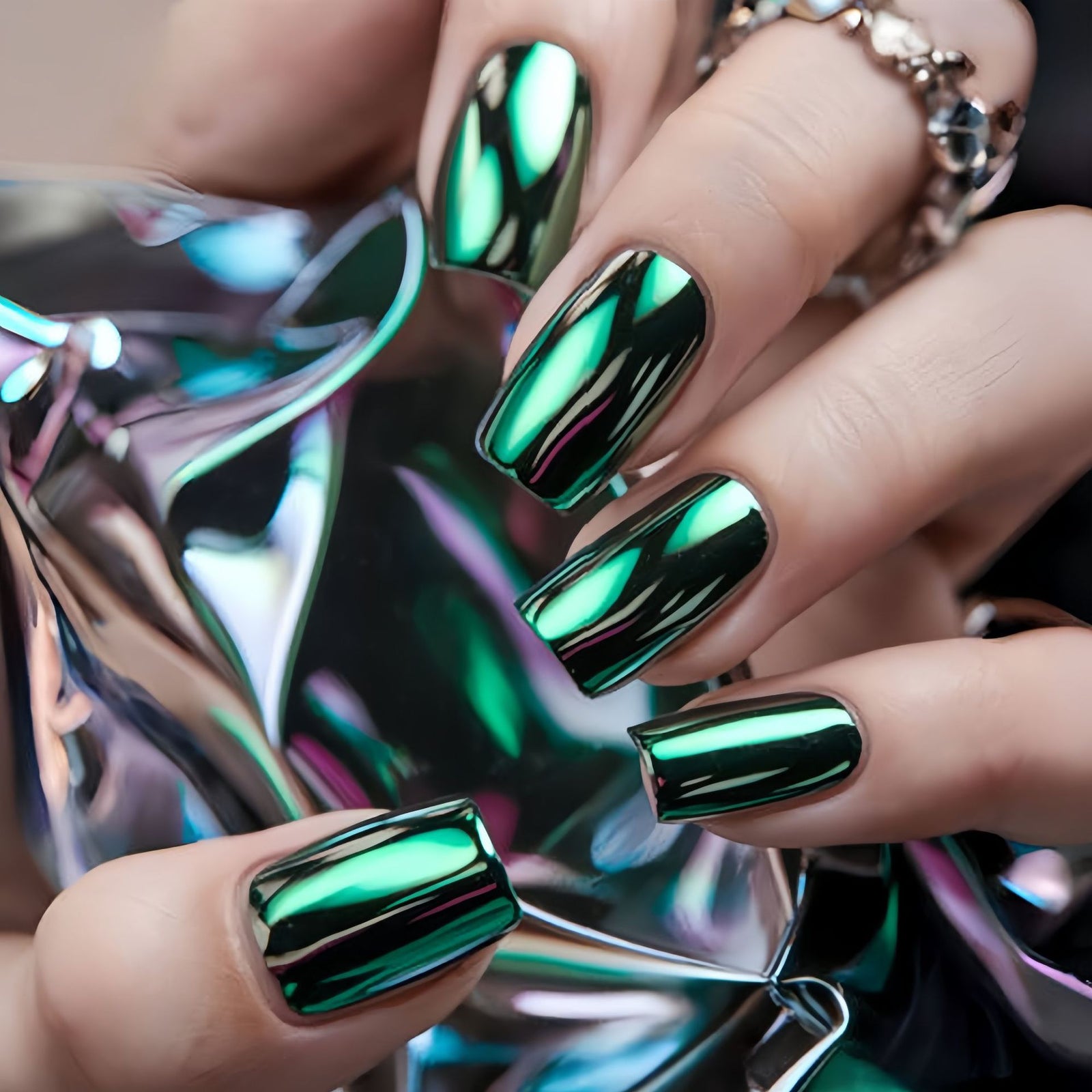 24pcs/Set Green Chrome Press-On Nails