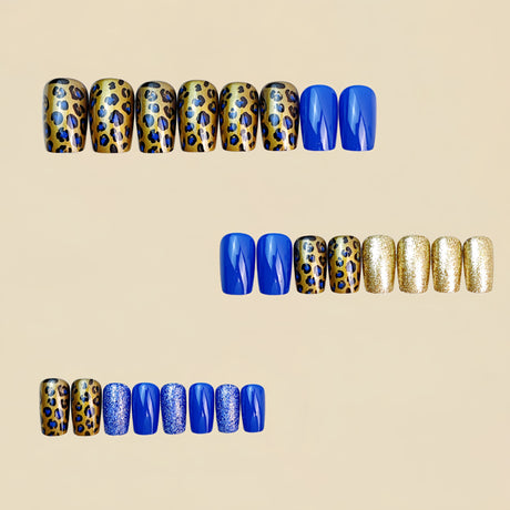 24pcs/Set Blue Leopard Print Gold Glitter Press-On Nails