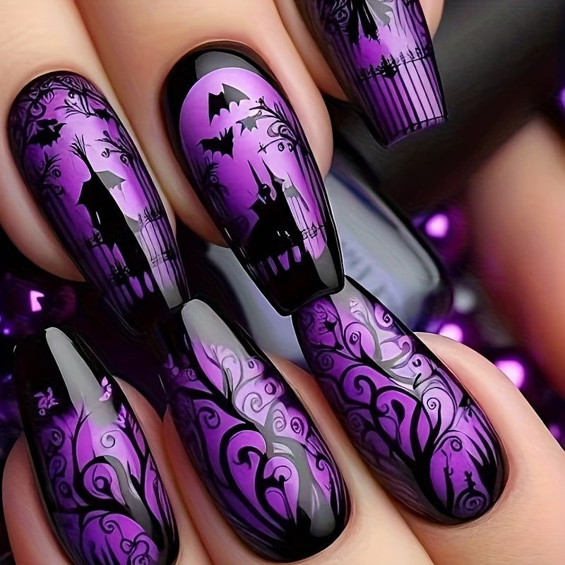 24pcs/Set Halloween Dark Night Purple Light Castle Press-On Nails