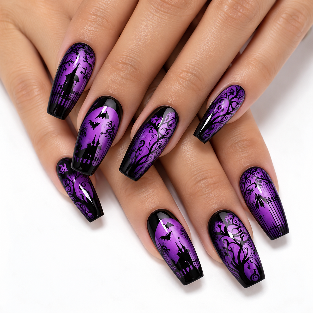 24pcs/Set Halloween Dark Night Purple Light Castle Press-On Nails