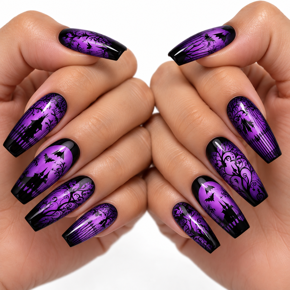 24pcs/Set Halloween Dark Night Purple Light Castle Press-On Nails