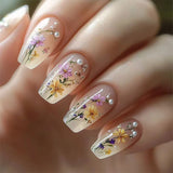 24pcs/Set Flowers with Pearl and Diamond Inlay Press-On Nails