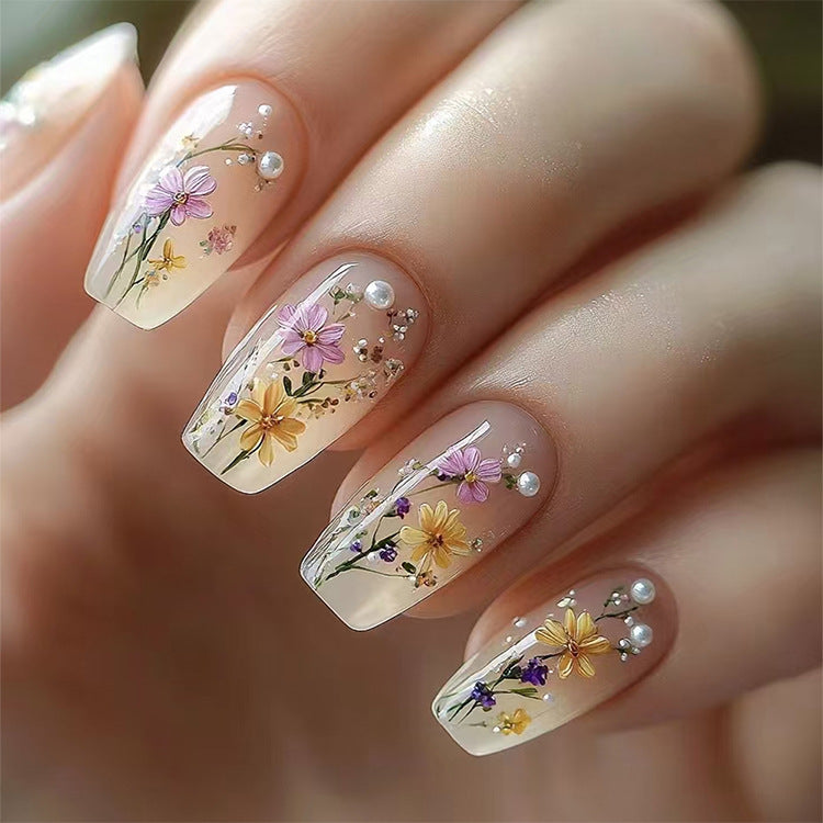 24pcs/Set Flowers with Pearl and Diamond Inlay Press-On Nails