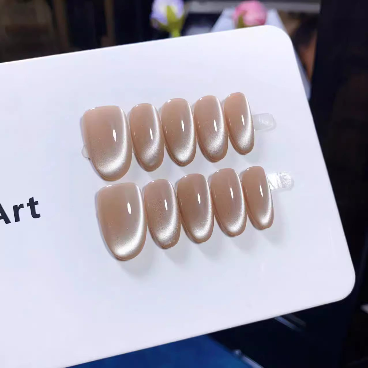 (Handmade) 10pcs/Set Nude Pink Glossy Cat Eye Press-On Nails