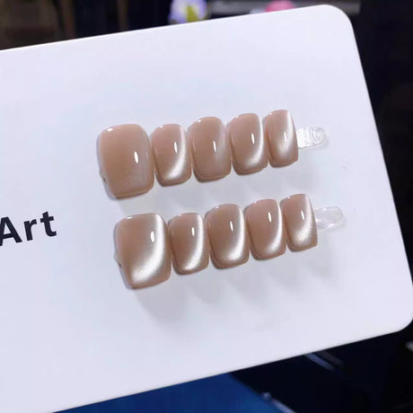 (Handmade) 10pcs/Set Nude Pink Glossy Cat Eye Press-On Nails