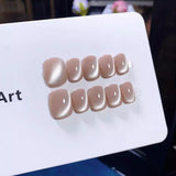 (Handmade) 10pcs/Set Nude Pink Glossy Cat Eye Press-On Nails