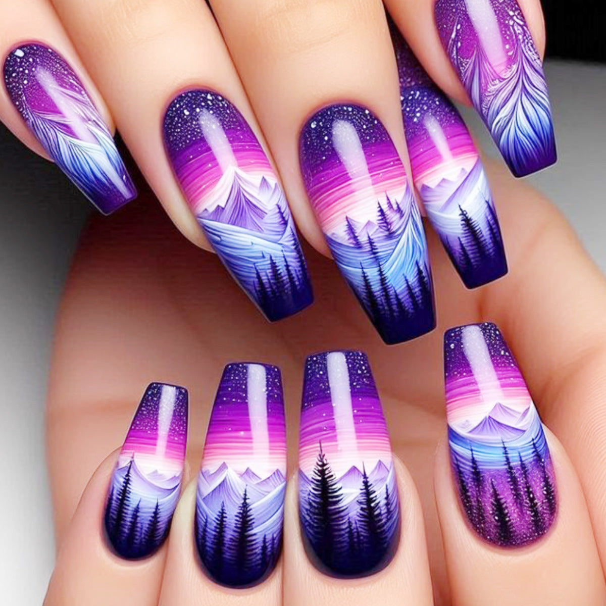 24pcs/Set Purple Forest Galaxy Clouds Press-On Nails