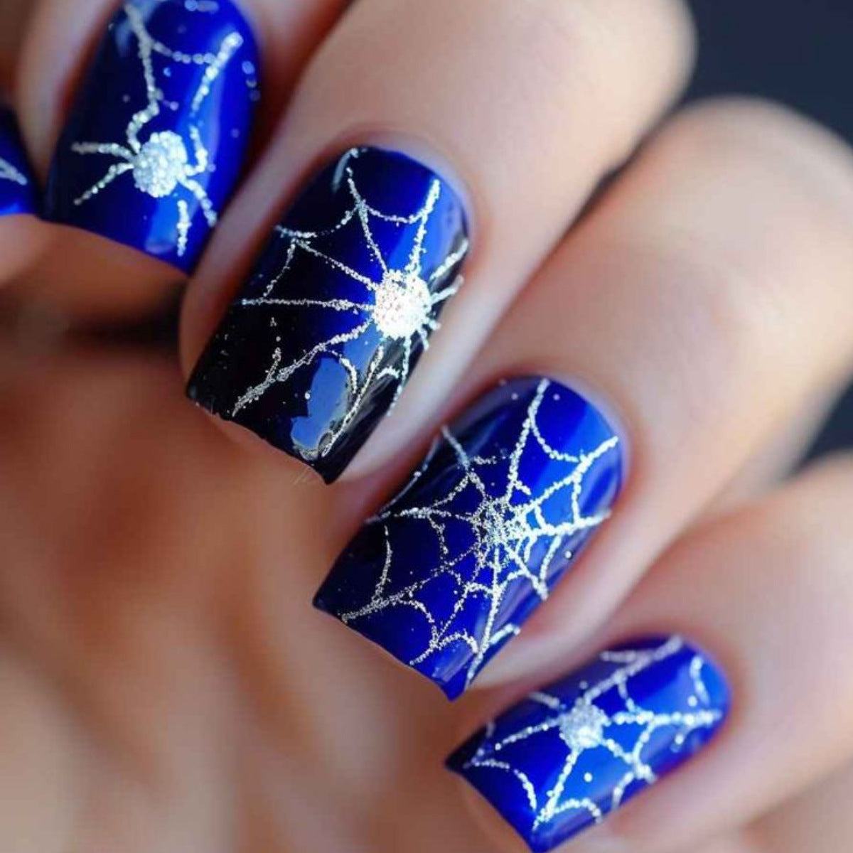 24pcs/Set Halloween Black Blue Gradient White Spider Web Press-On Nails