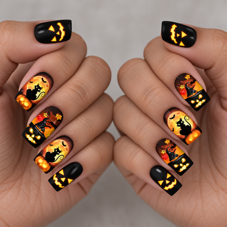 24pcs/Set Halloween Bats & Black Cats Short Press-On Nails