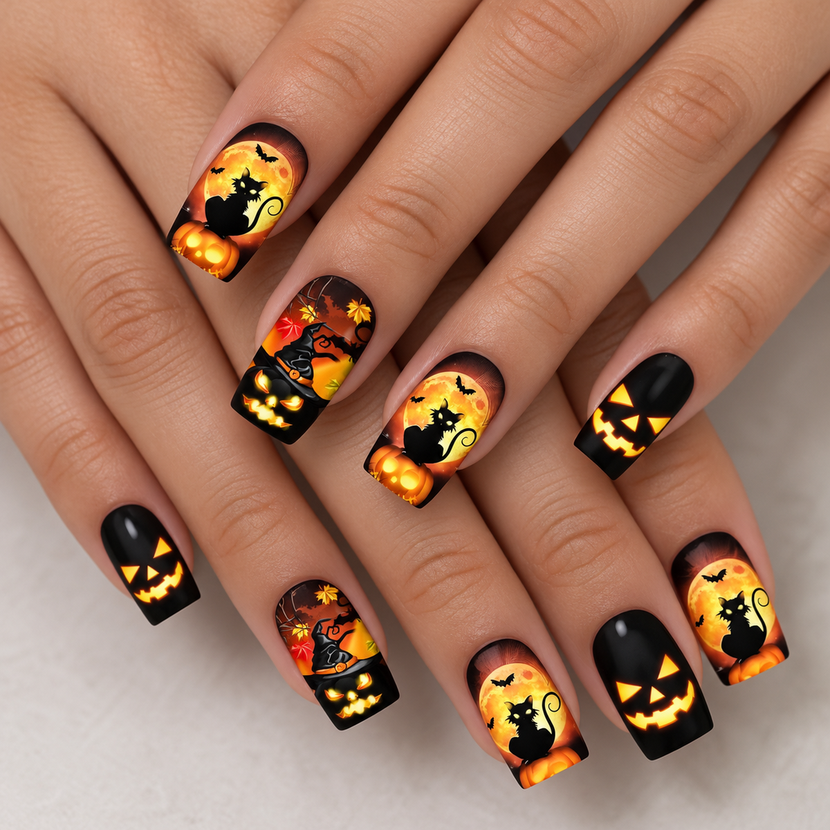24pcs/Set Halloween Bats & Black Cats Short Press-On Nails
