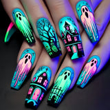24pcs/Set Halloween Blue Castle Ghost Forest Press-On Nails