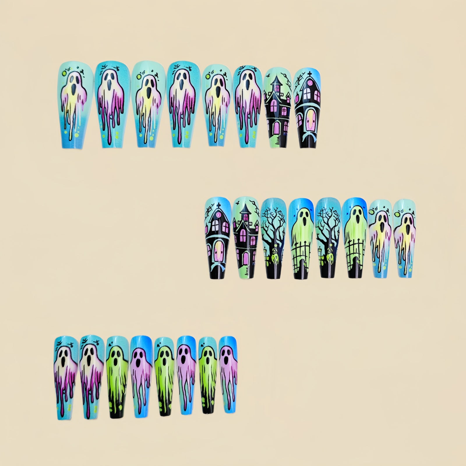 24pcs/Set Halloween Blue Castle Ghost Forest Press-On Nails