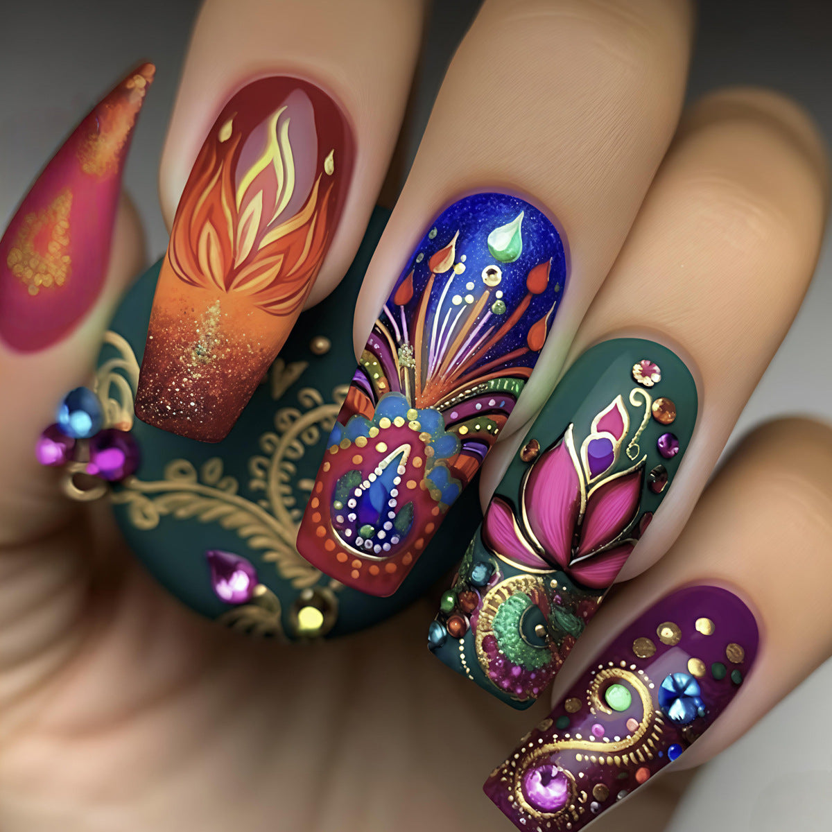 24pcs/Set Red Flame Flowers Press-On Nails